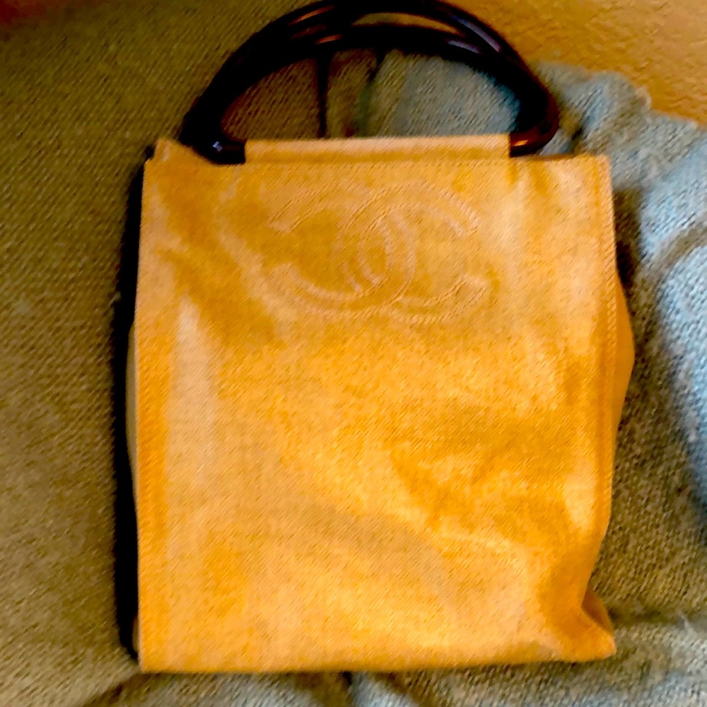 Chanel Vintage CC Wood Frame Top Handle Shoulder Bag Beige